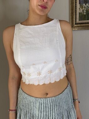 Free People Kayla Solid Embroidered Tie-Back Crop Top in Ivory
